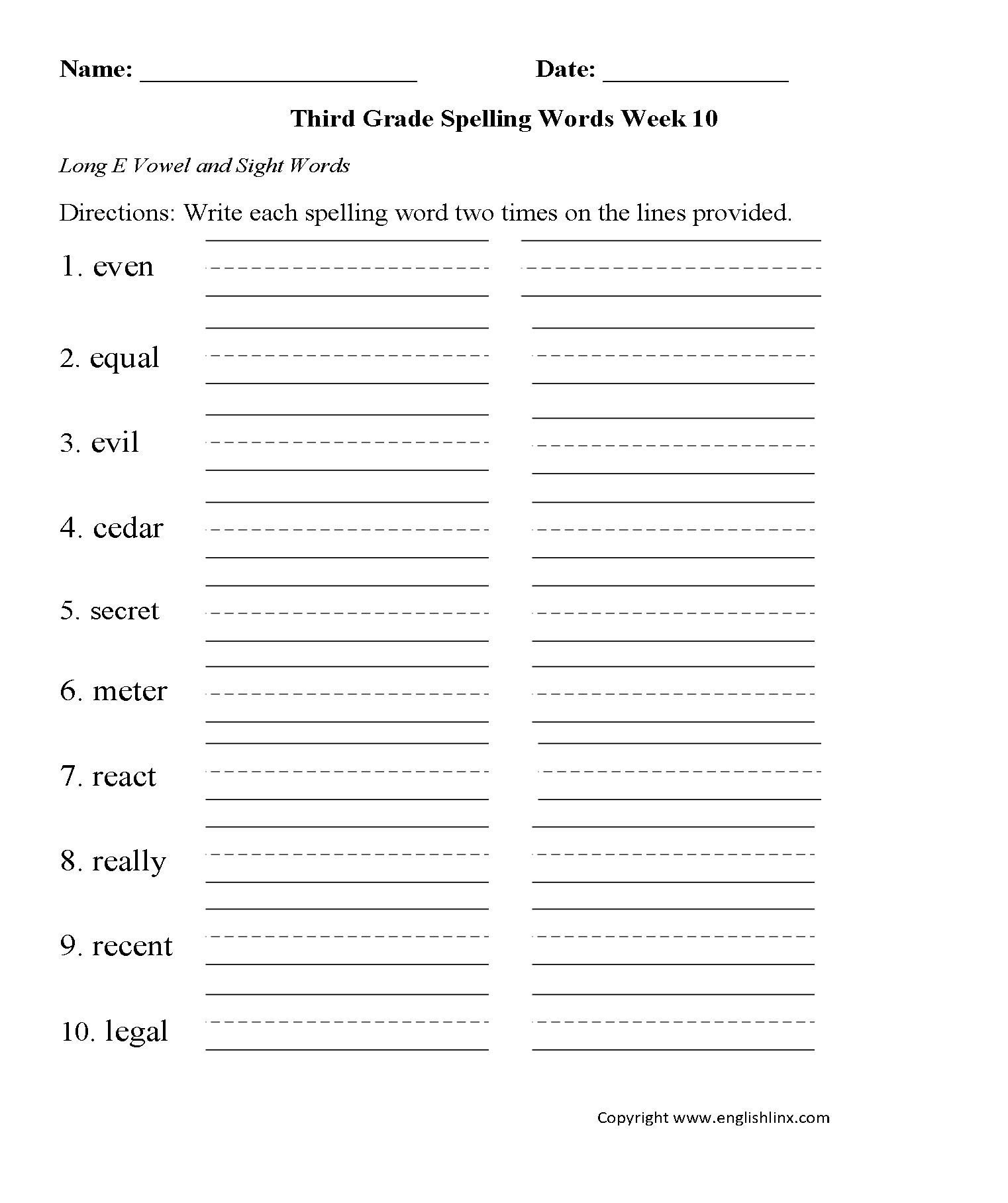 Week 10 E Vowel Third Grade Spelling Worksheets