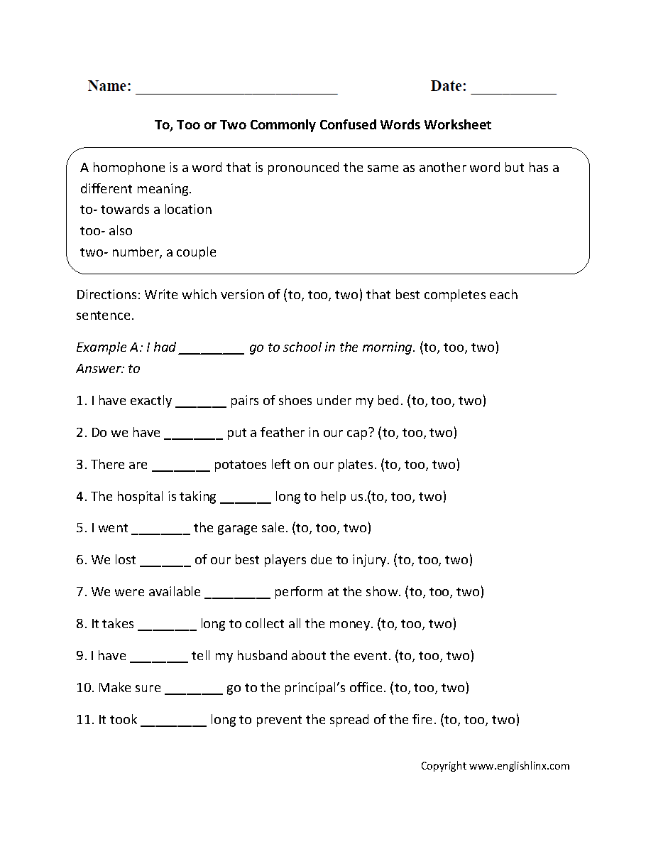 To Too Two Worksheet Abhayjere